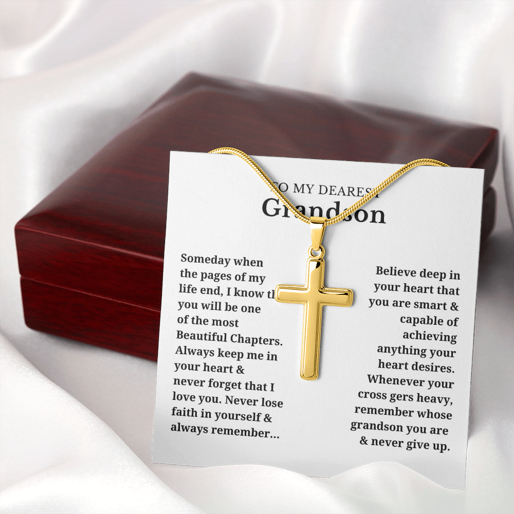 To My Dearest Grandson Artisan Cross Necklace with Snake Chain