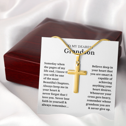 To My Dearest Grandson Artisan Cross Necklace with Snake Chain