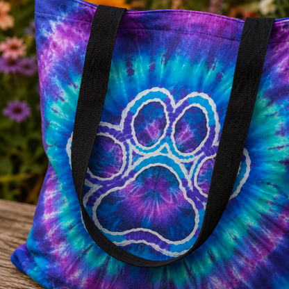 Paw Print Colorful Tie Dye Swirl Cat Tote Bag