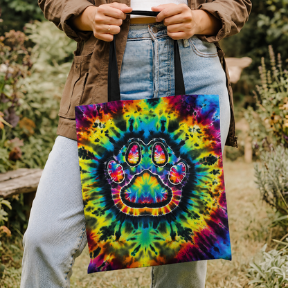 Rainbow Paw Tie Dye Blue Purple Cat Tote Bag