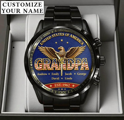Personalized EST & Names for Independence Day Grandpa Watch