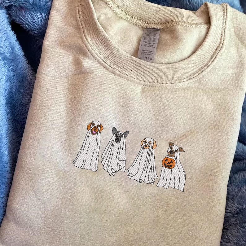 Halloween Embroidered Dog Ghost Spooky Season Hoodie Sweatshirt T-Shirt