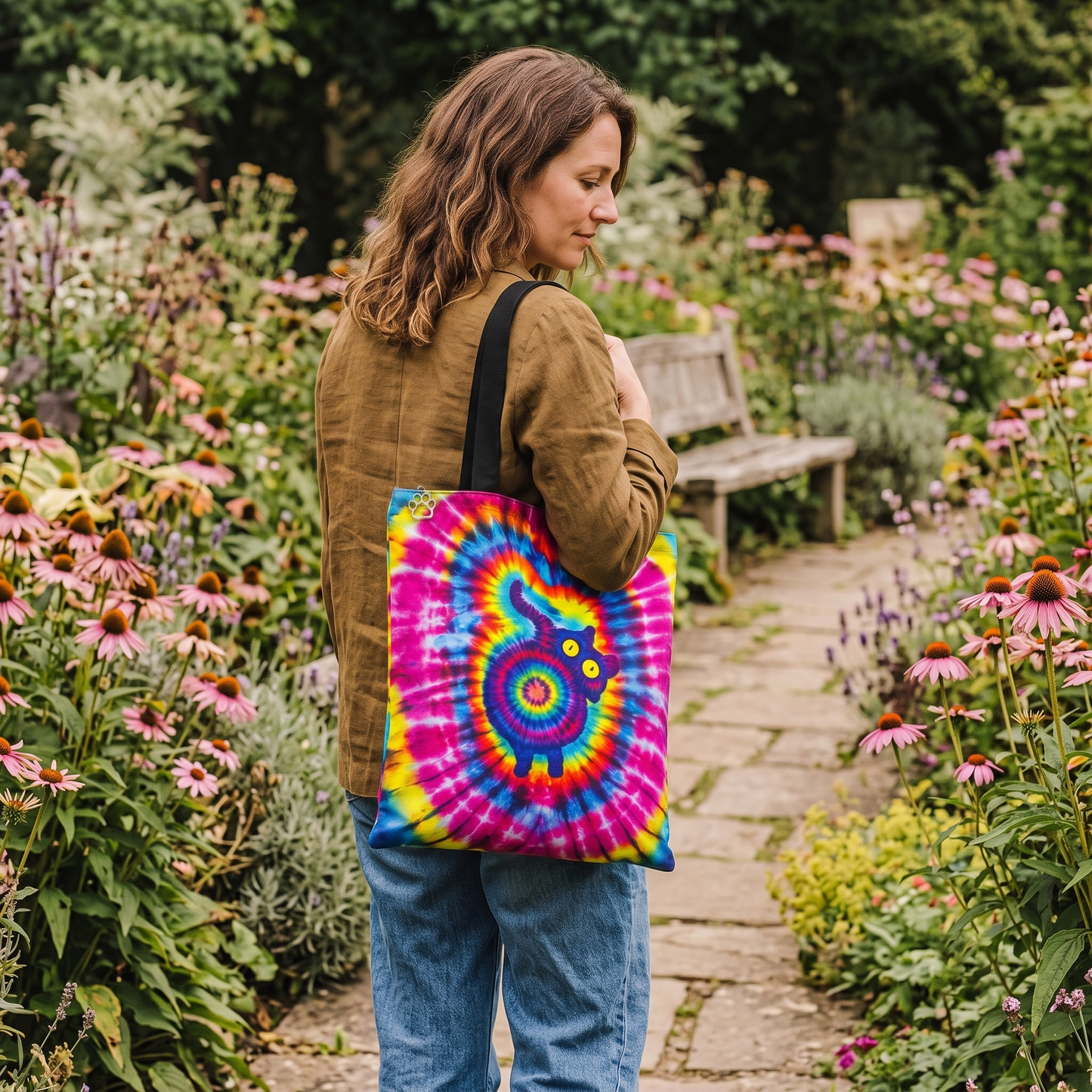 Vibrant Rainbow Tie-Dye Spiral Cat Tote Bag with Black Straps