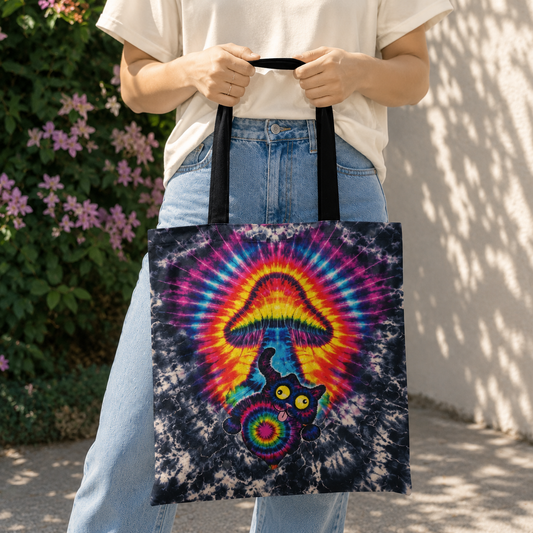 Cat Mushroom Hot Orange Black Tote Bag
