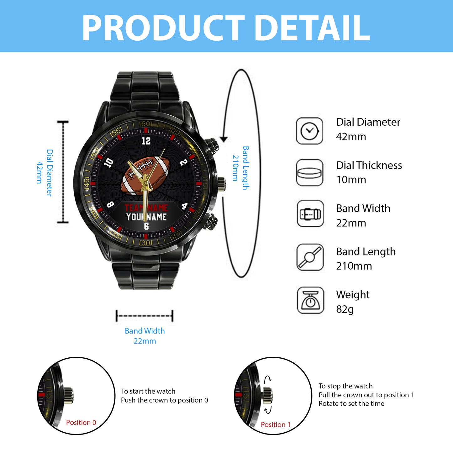 American Football Personalized Team Name & Name Quartz Watch