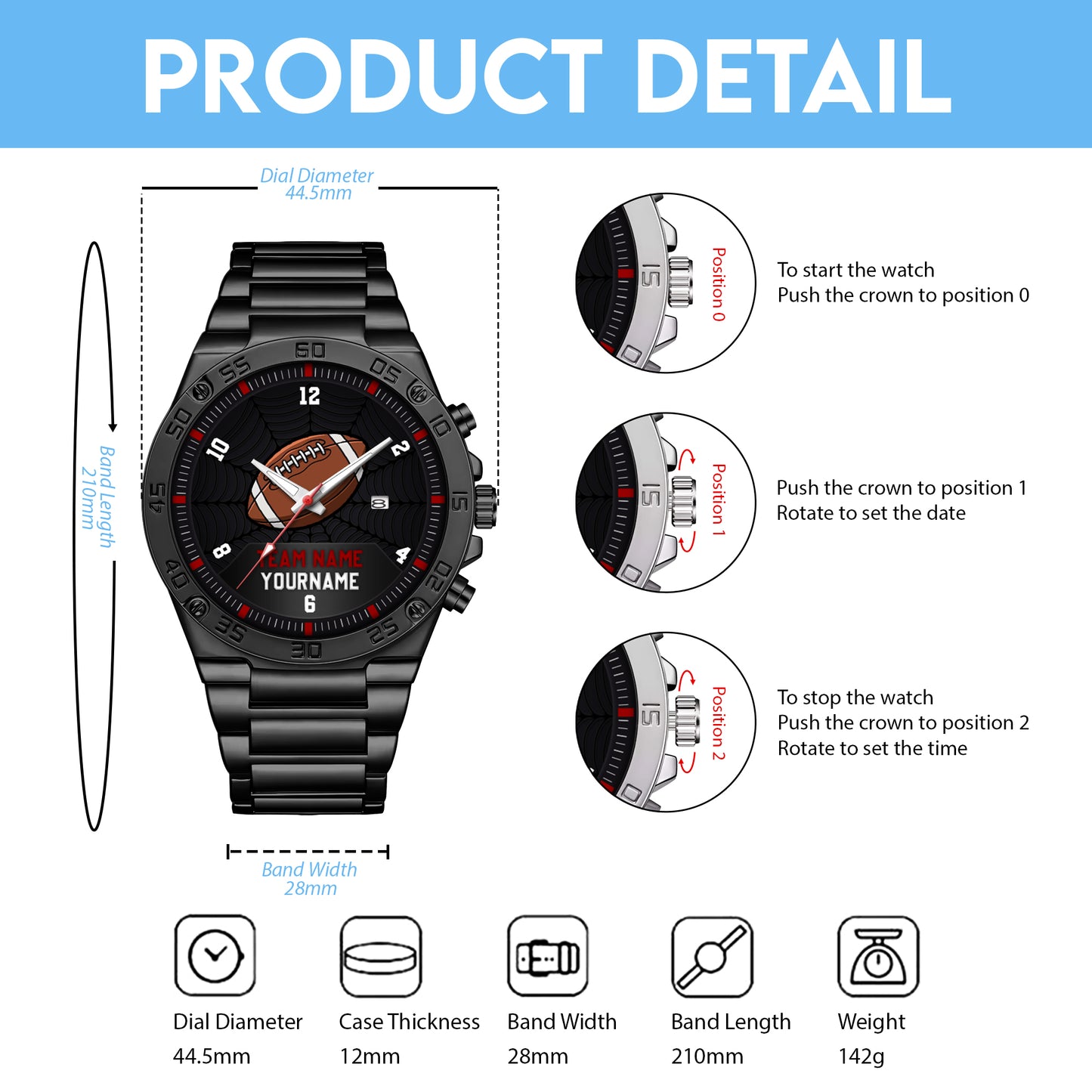 American Football Personalized Team Name & Name Quartz Watch