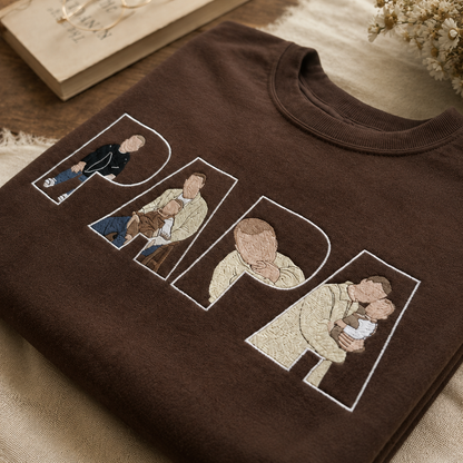 Embroidered Dad Portrait From Photo Sweatshirt, Custom Name On Sleeve, Personalized Dad Crewneck, Personalized Gift from Photo, Gifts For Dad