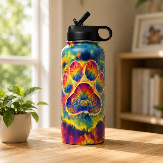 Custom Name Tie-Dye Pet Paw Print Insulated Water Bottle
