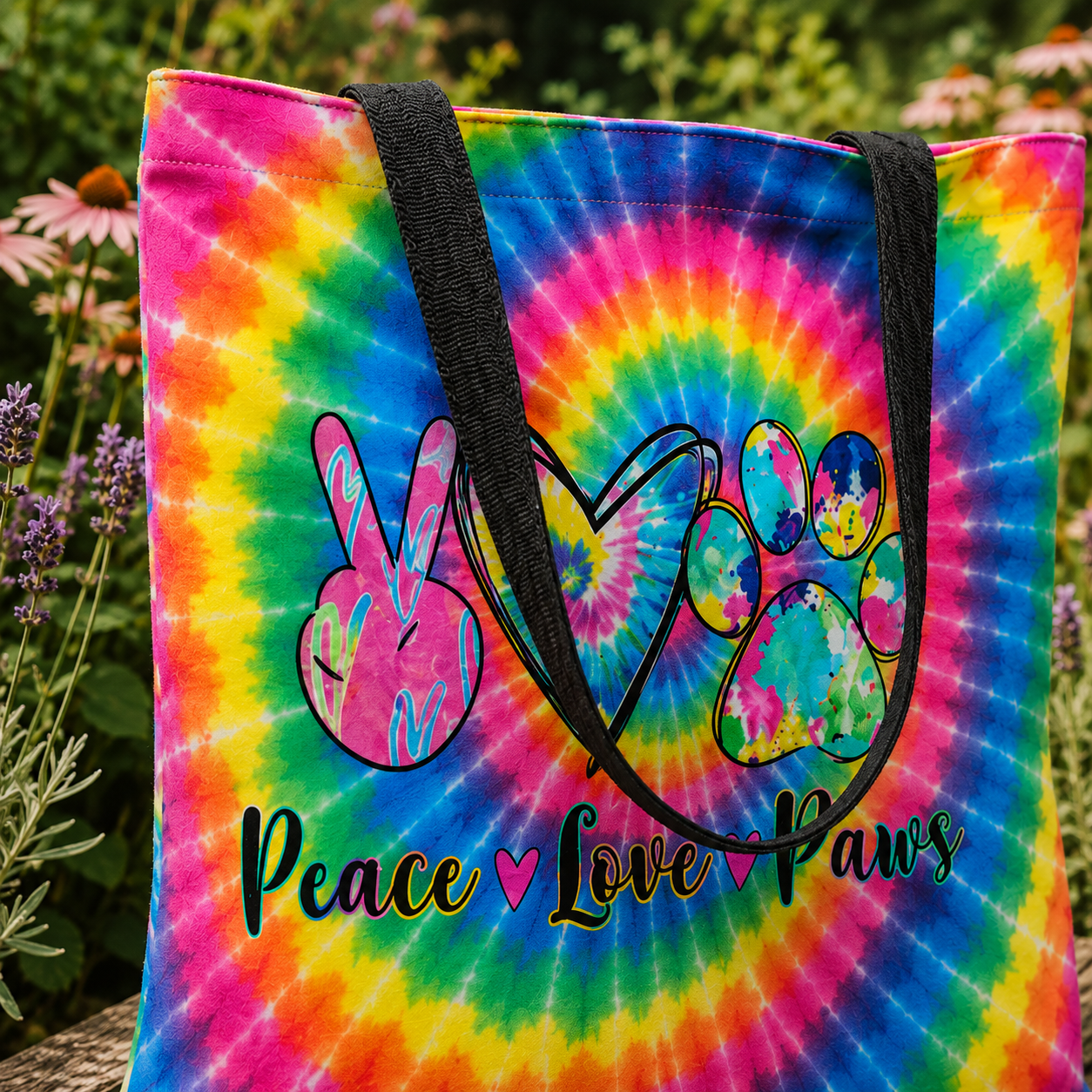 Peace Love Paws Rainbow Swirl Cat Tote Bag
