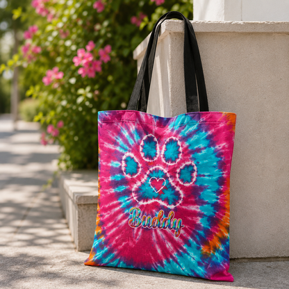 Paw Print Colorful Tie Dye Swirl Cat Tote Bag