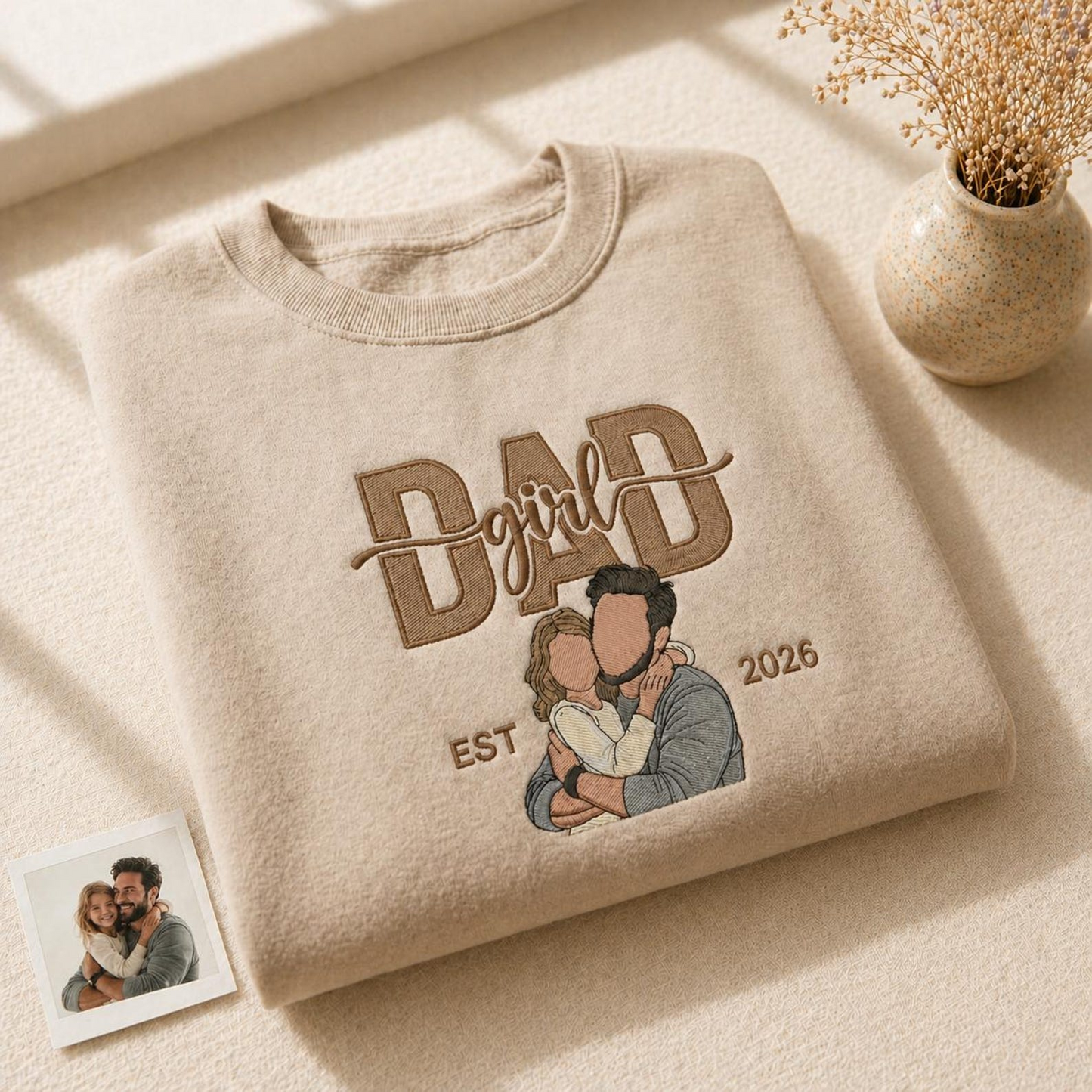 Embroidered Custom Dad And Daughter Photo Sweatshirt, Girl Dad Shirt, Personalized Dad Portrait Crewneck, New Dad Gift