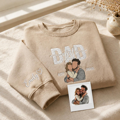 Embroidered Custom Dad And Daughter Photo Sweatshirt, Girl Dad Shirt, Personalized Dad Portrait Crewneck, New Dad Gift
