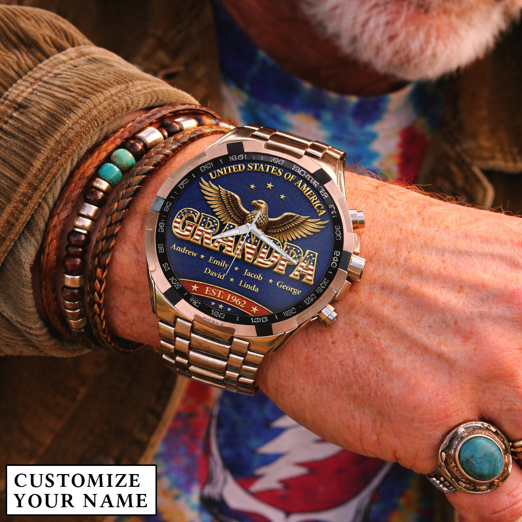 Personalized EST & Names for Independence Day Grandpa Watch
