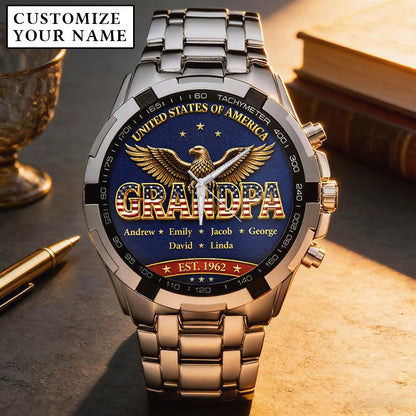 Personalized EST & Names for Independence Day Grandpa Watch