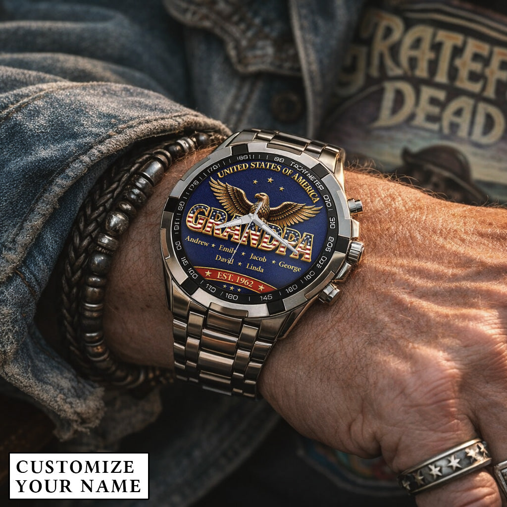 Personalized EST & Names for Independence Day Grandpa Watch