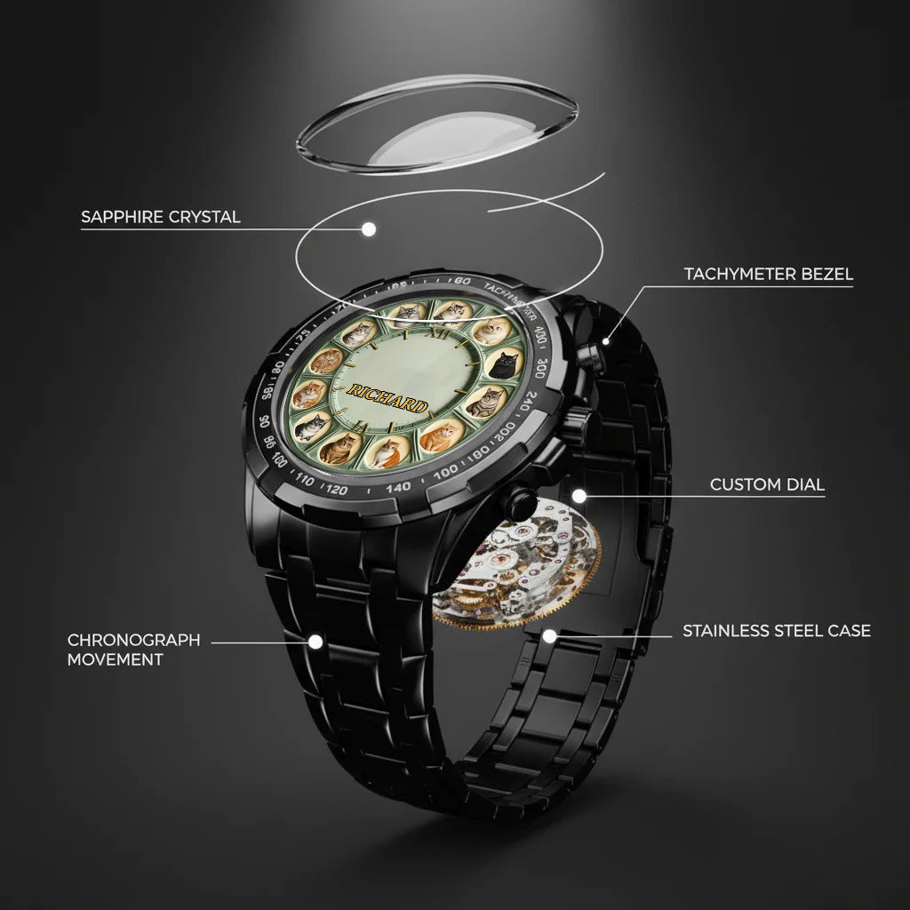 Personalized Pet Dog Cat Lover Watch – Custom Name Quartz Timepiece with 12 Cute Dog & Cat Faces | Gift for Dog & Cat Moms