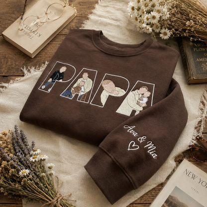 Embroidered Dad Portrait From Photo Sweatshirt, Custom Name On Sleeve, Personalized Dad Crewneck, Personalized Gift from Photo, Gifts For Dad