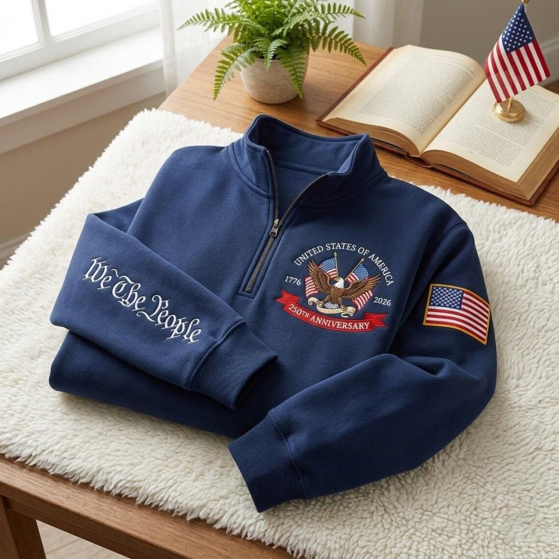 Embroidered The US 250th Anniversary Independence Day Quarter-Zip Sweatshirt, Hoodie Sweatshirt T-Shirt