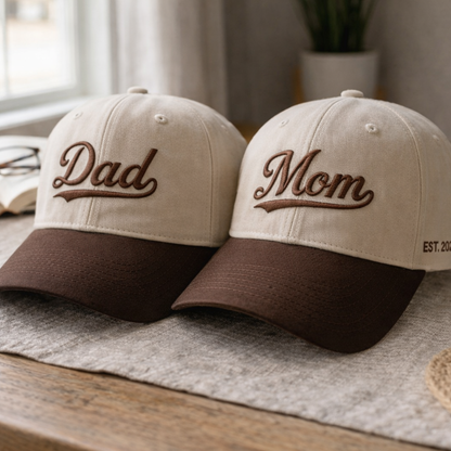 Embroidered Mom Dad Vintage Style Baseball Cap, Dyed Cap, Mother's Day Father's Day