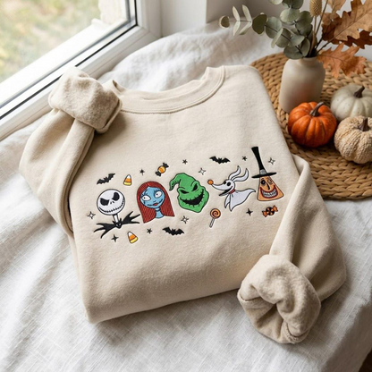 Embroidered Horror Character Sweatshirt, Halloween Nightmare Crewneck, Spooky Season Ghost Shirt