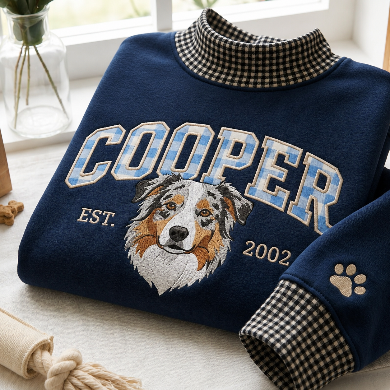 Embroidered Custom Pet Portrait Gingham Mock Neck Sweatshirt