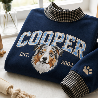 Embroidered Custom Pet Portrait Gingham Mock Neck Sweatshirt