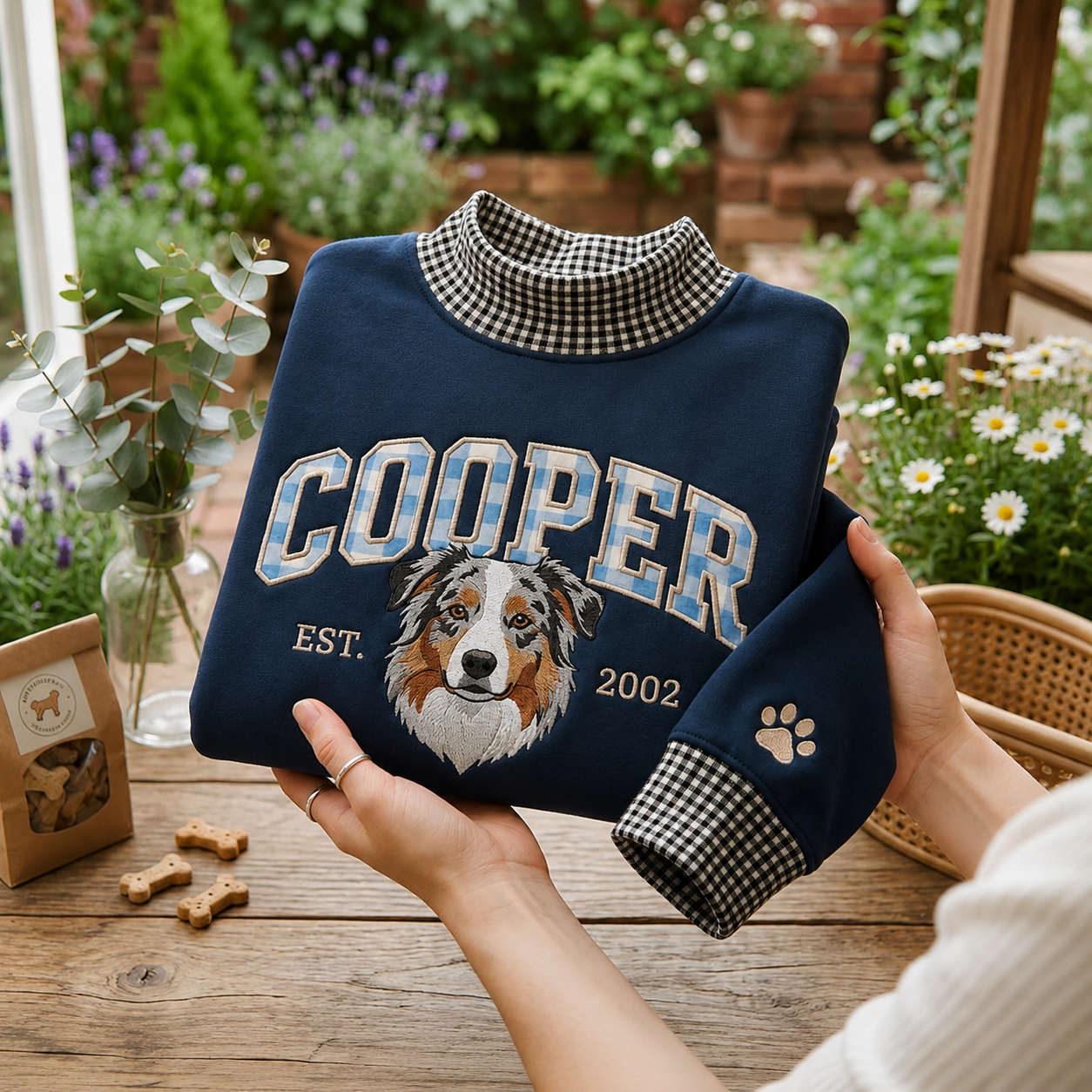 Embroidered Custom Pet Portrait Gingham Mock Neck Sweatshirt