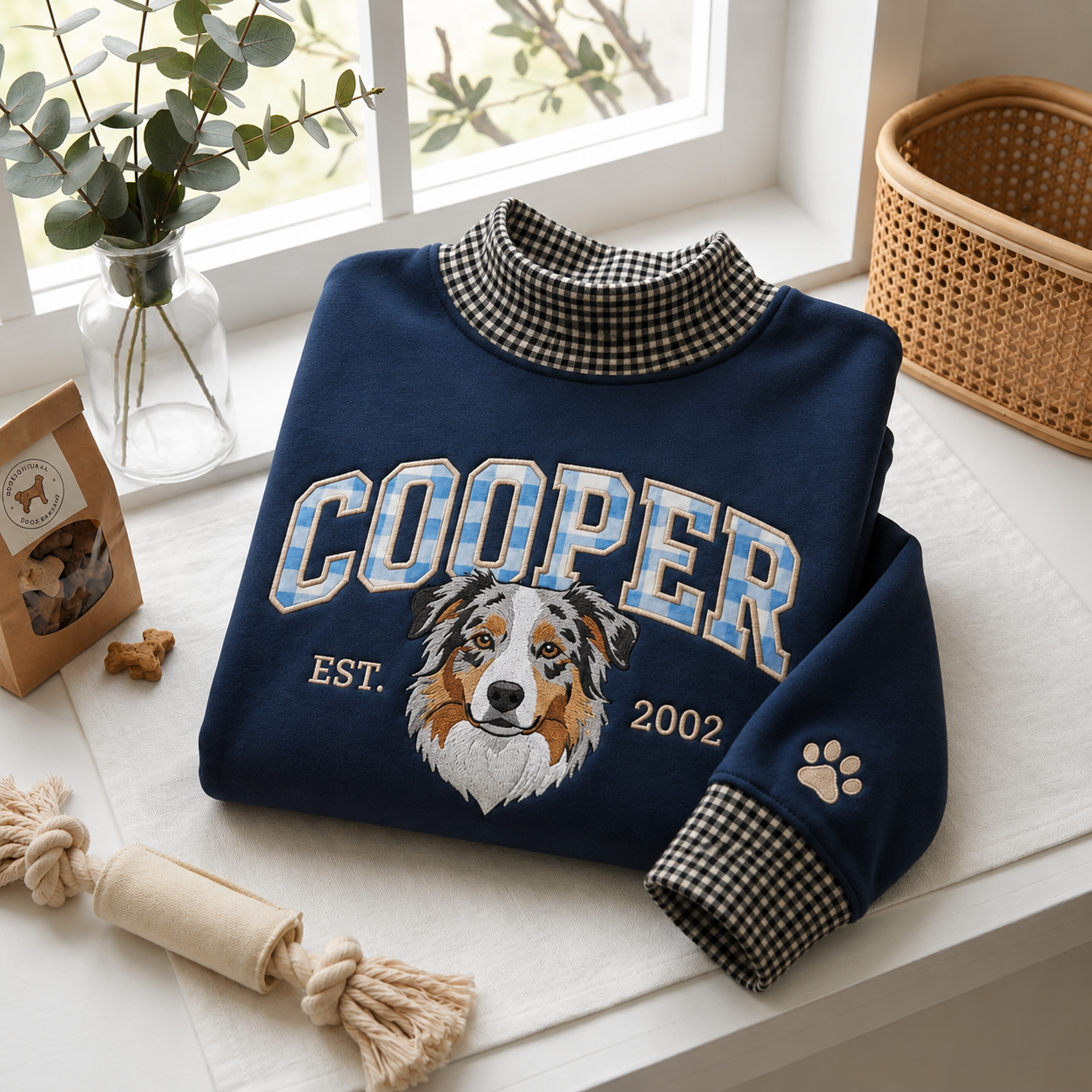 Embroidered Custom Pet Portrait Gingham Mock Neck Sweatshirt