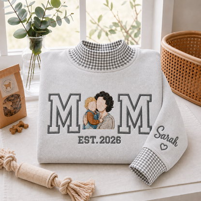 Embroidered Custom Family Photo Gingham Mock Neck Sweatshirt