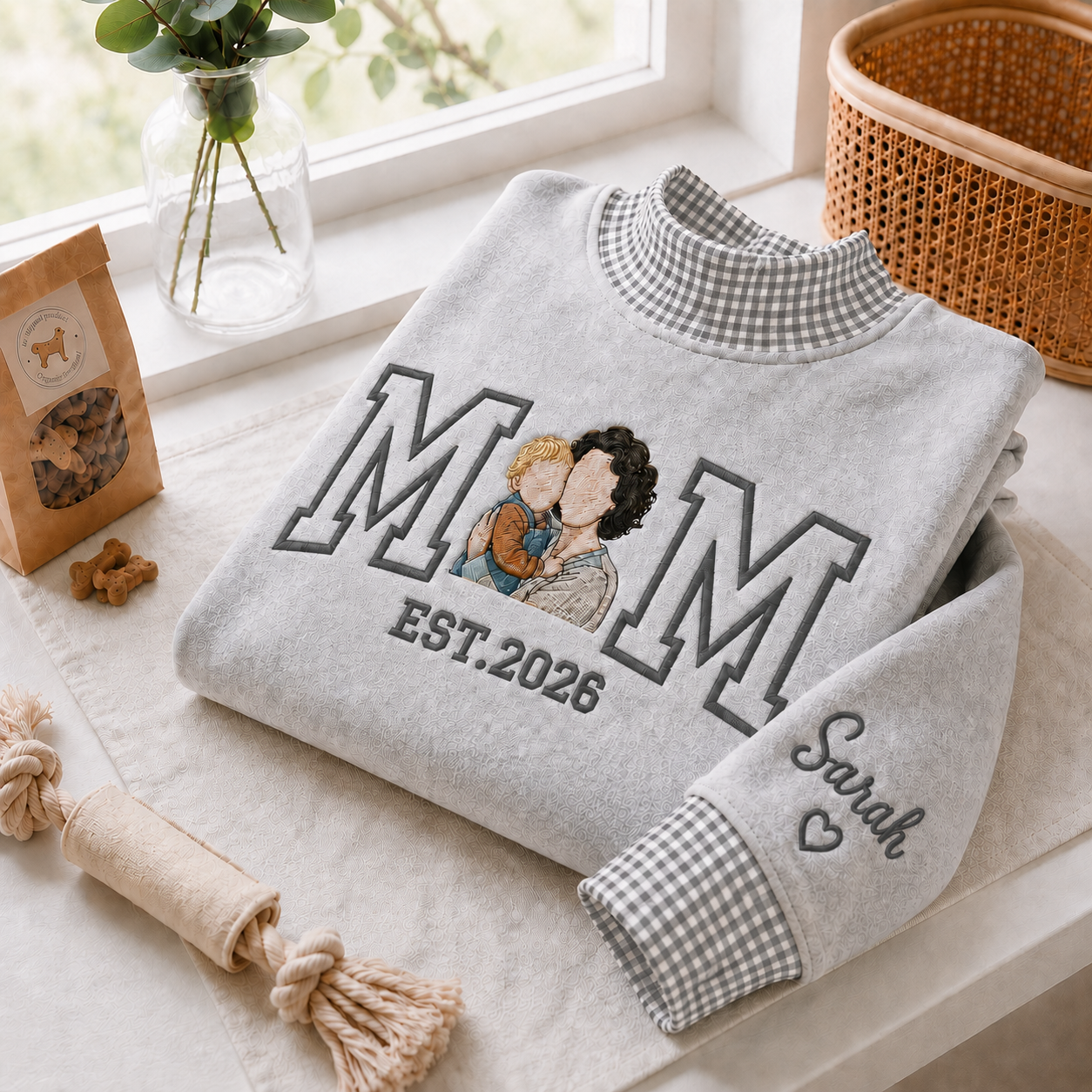 Embroidered Custom Family Photo Gingham Mock Neck Sweatshirt