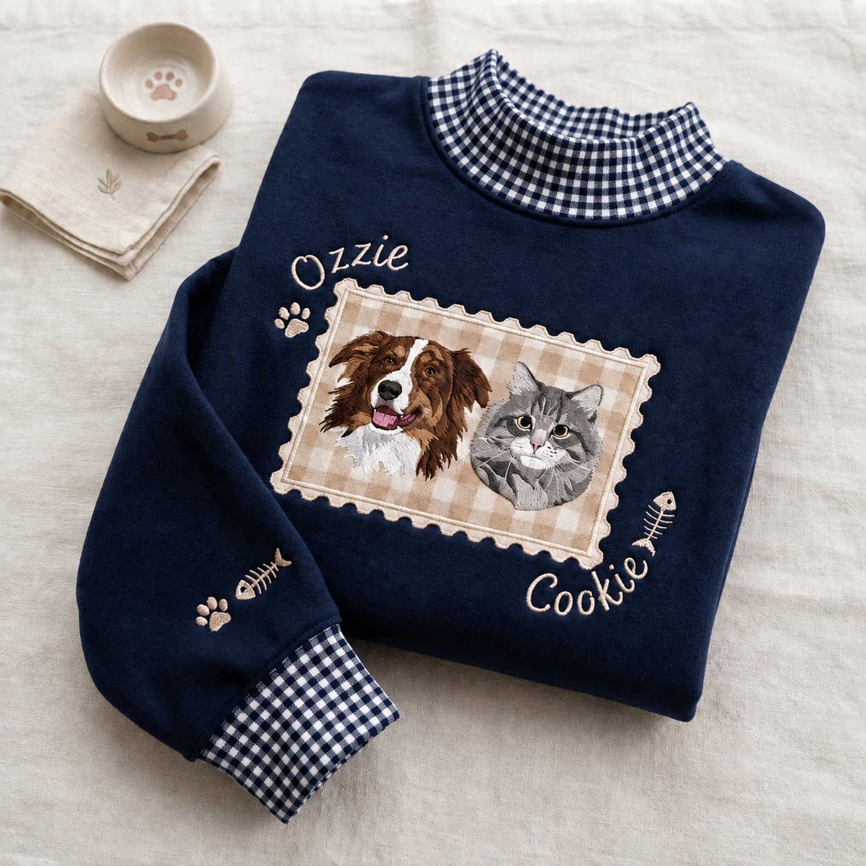Embroidered Custom Pet Portrait Gingham Mock Neck Sweatshirt