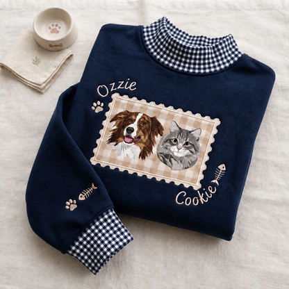Embroidered Custom Pet Portrait Gingham Mock Neck Sweatshirt