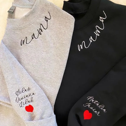 Custom Embroidered Mama Hoodie Sweatshirt T-Shirt with Name On Sleeve