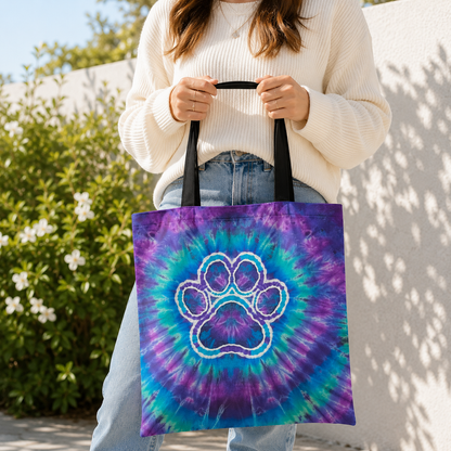Paw Print Colorful Tie Dye Swirl Cat Tote Bag
