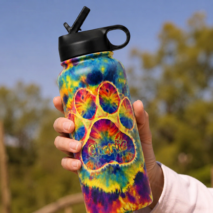 Custom Name Tie-Dye Pet Paw Print Insulated Water Bottle