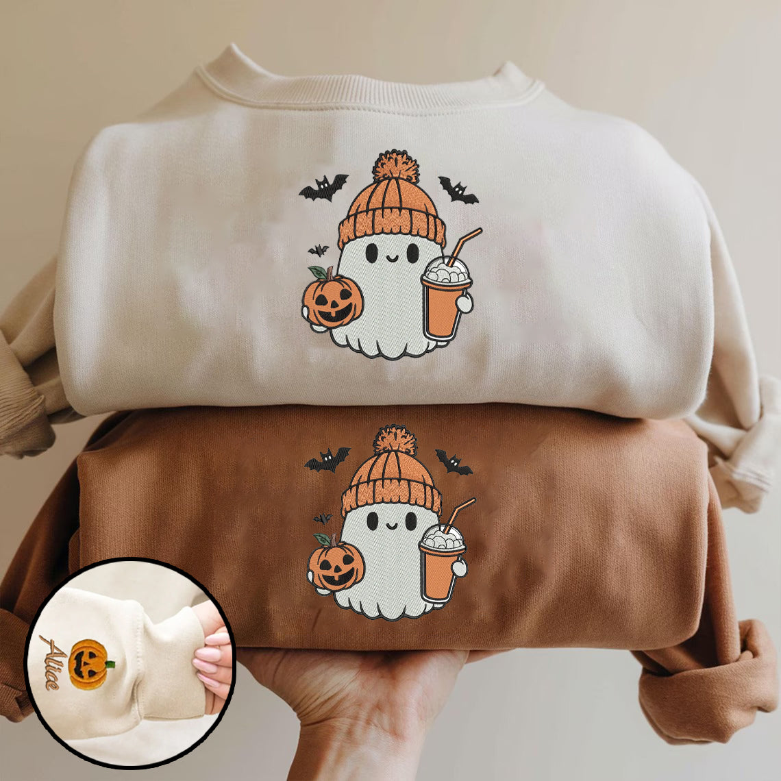 Halloween Personalized Embroidered Ghost Latte Hoodie Sweatshirt T-Shirt