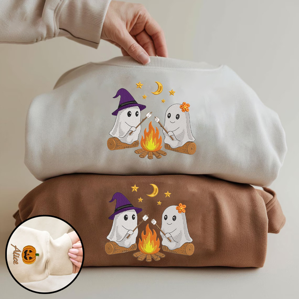 Halloween Personalized Embroidered Ghost Campfire Crew Cute Hoodie Sweatshirt T-Shirt