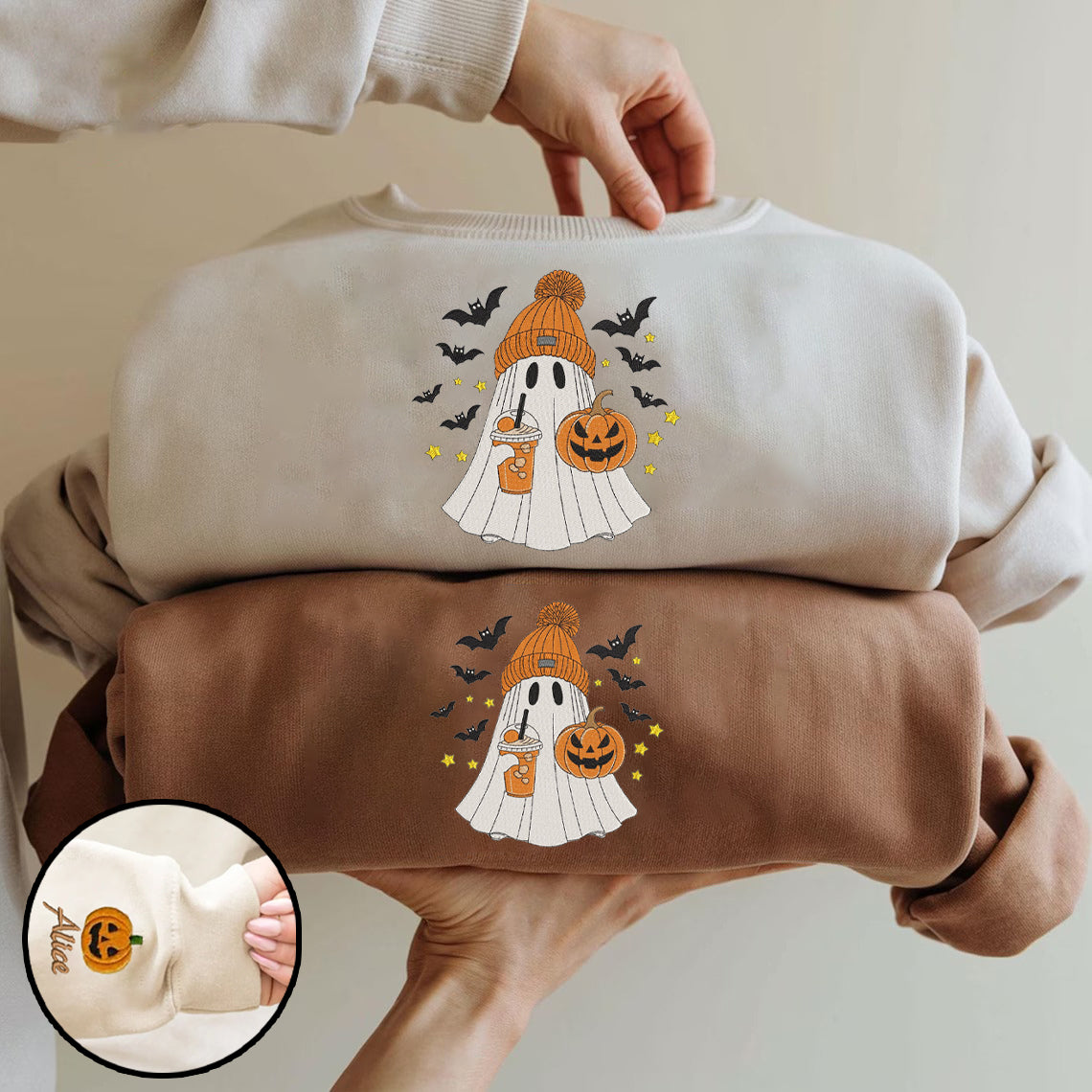 Halloween Personalized Embroidered Cute Ghost Hoodie Sweatshirt T-Shirt