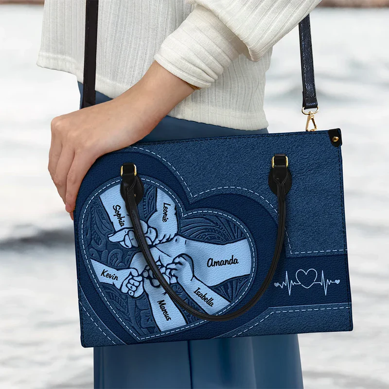 Personalized Hands In Hands Mom And Children Leather Bag