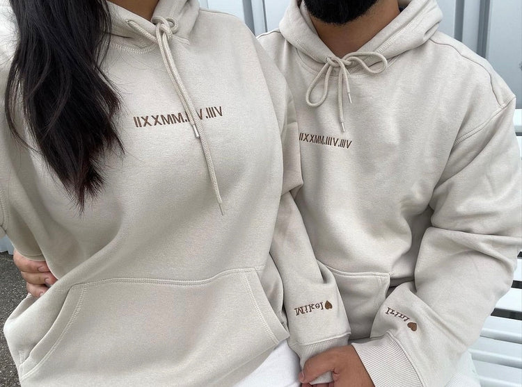 Valentine Custom Embroidered Roman Numeral Hoodie Sweatshirt T-shirt, Couple Shirt Initial On Sleeve