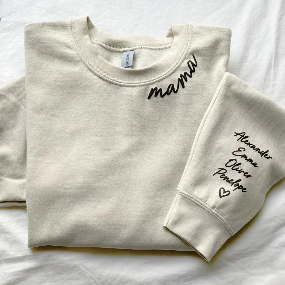 Personalized Custom Text with Kid Names on Sleeve Embossed Printed Hoodie Sweatshirt T-Shirt