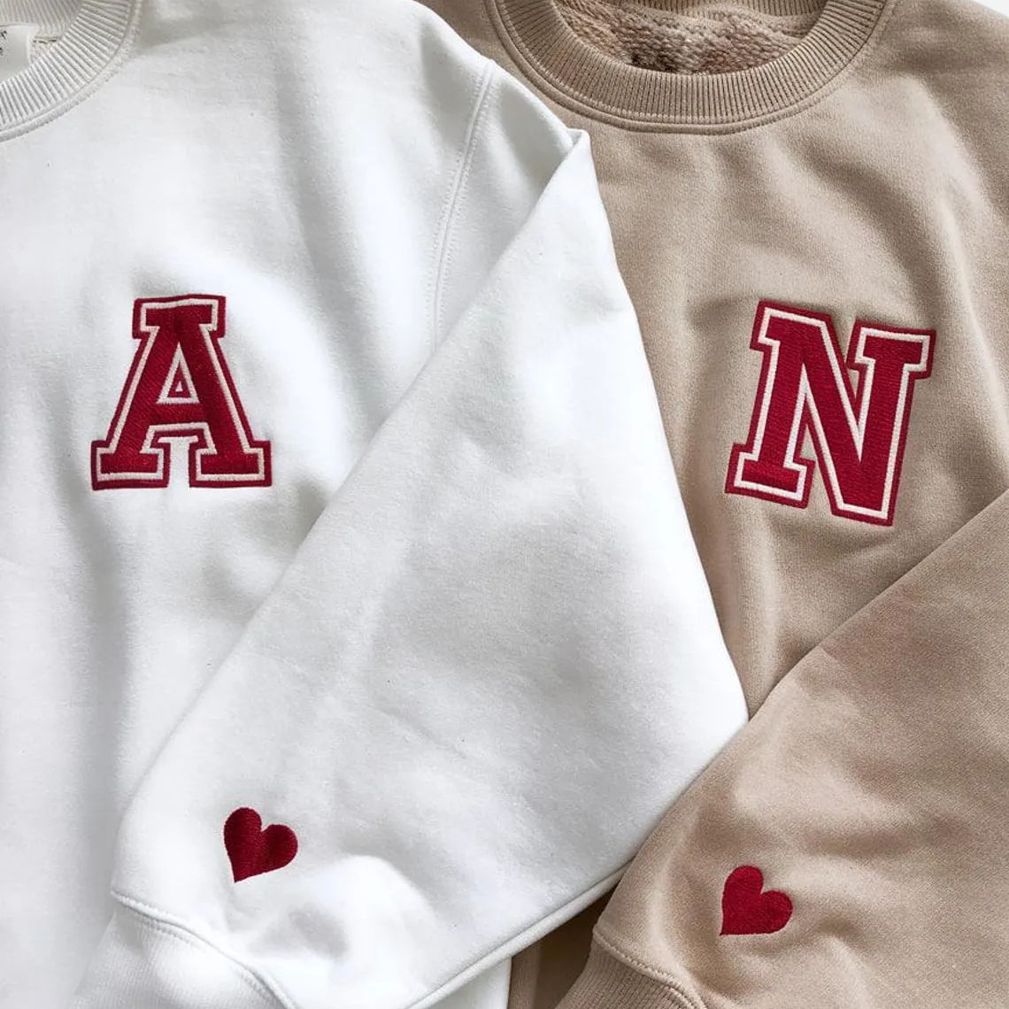 Valentine Embroidered Custom First Letter & Heart On Sleeve Hoodie Sweatshirt T-shirt