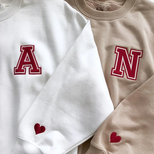 Valentine Embroidered Custom First Letter & Heart On Sleeve Hoodie Sweatshirt T-shirt