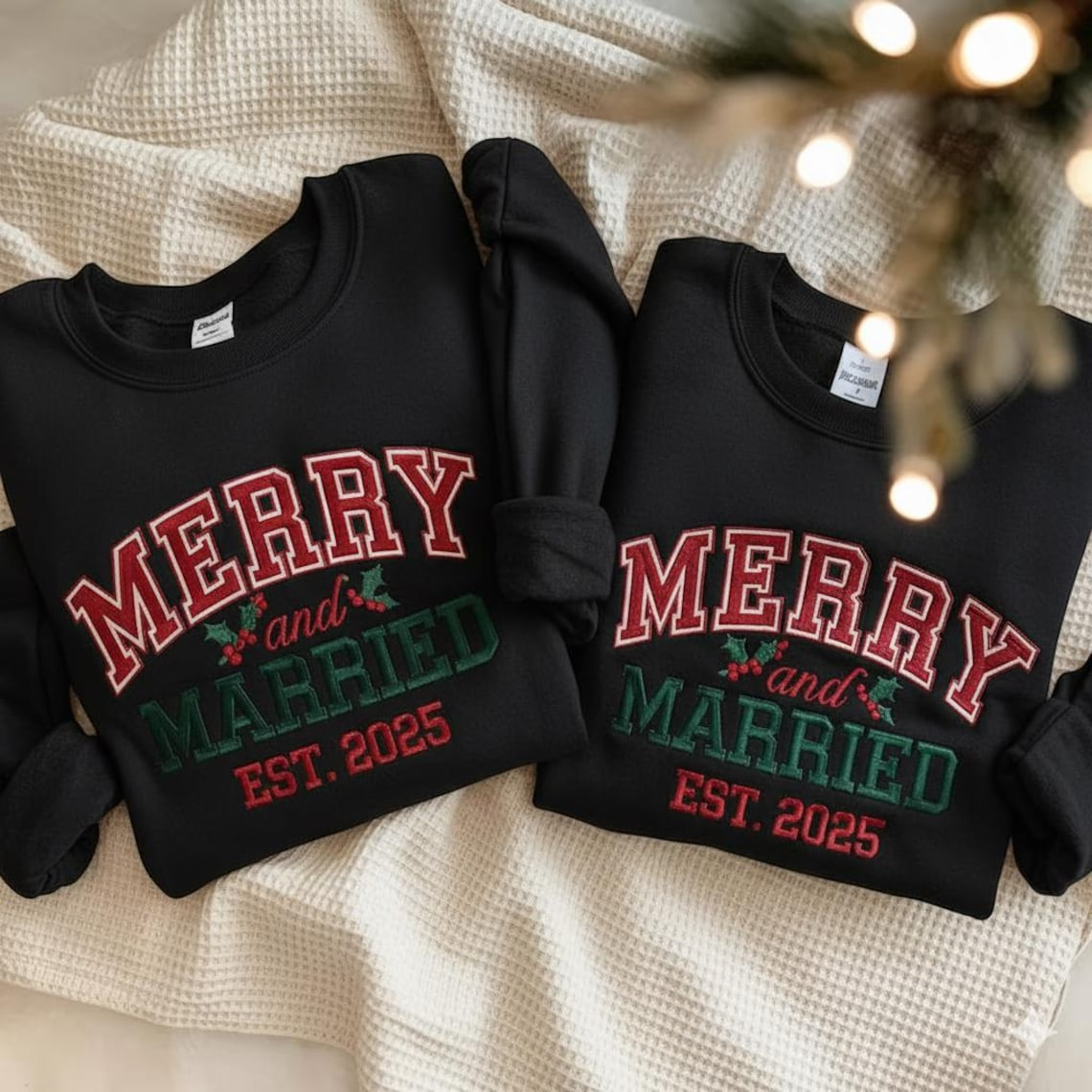 Personalized Embroidered Merry And Married Hoodie Sweatshirt T-Shirt
