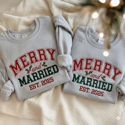 Personalized Embroidered Merry And Married Hoodie Sweatshirt T-Shirt