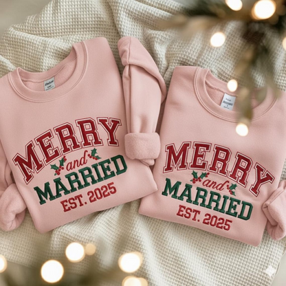 Personalized Embroidered Merry And Married Hoodie Sweatshirt T-Shirt