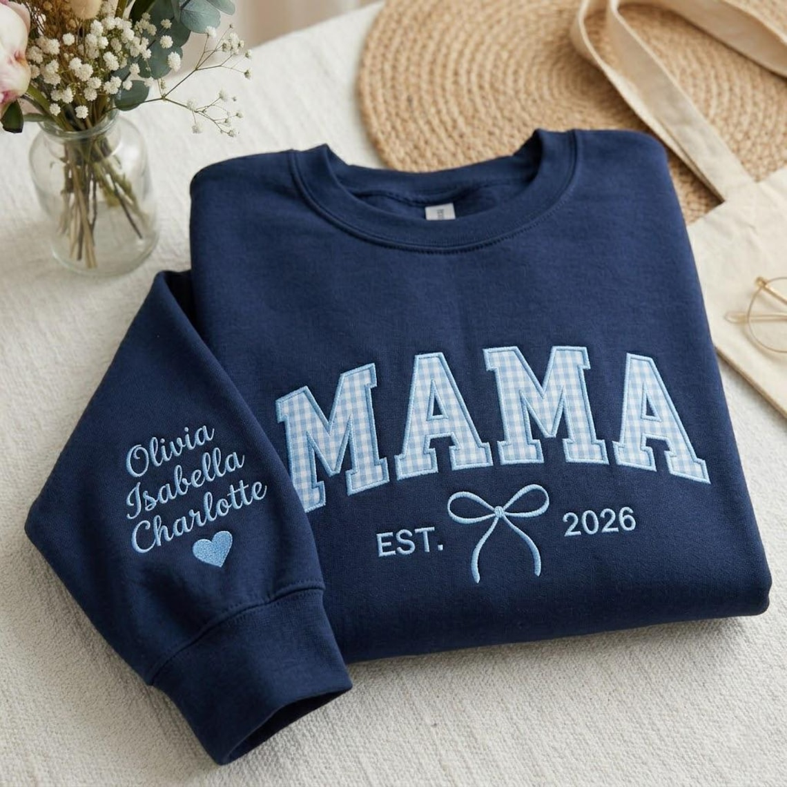 Embroidered Mother's Day EST Custom Text And Fabric Color With Kid's Names On Sleeve Hoodie Sweatshirt T-Shirt