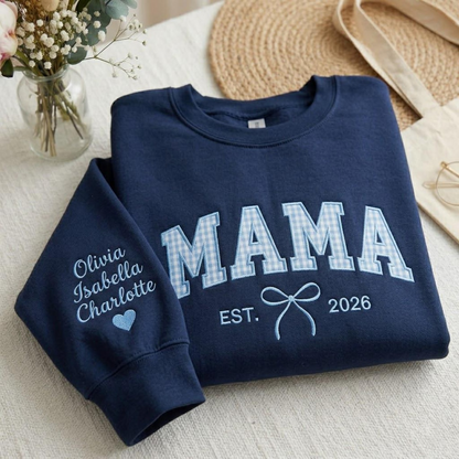 Embroidered Mother's Day EST Custom Text And Fabric Color With Kid's Names On Sleeve Hoodie Sweatshirt T-Shirt