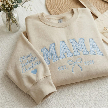 Embroidered Mother's Day EST Custom Text And Fabric Color With Kid's Names On Sleeve Hoodie Sweatshirt T-Shirt
