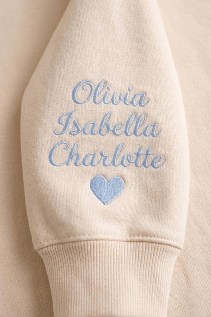 Embroidered Mother's Day EST Custom Text And Fabric Color With Kid's Names On Sleeve Hoodie Sweatshirt T-Shirt